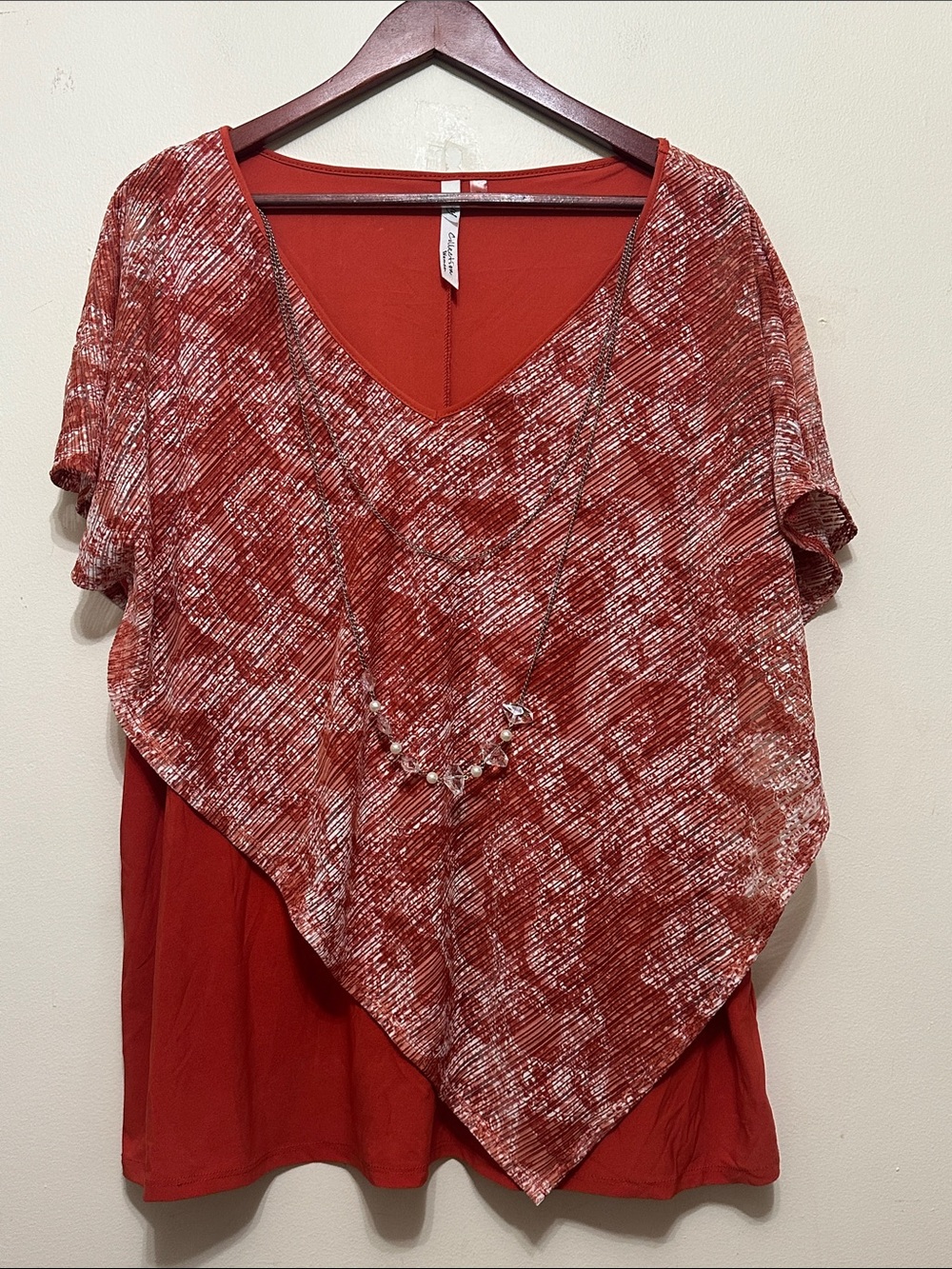 NY Collection Rust Red Layered V-Neck Poncho Top
